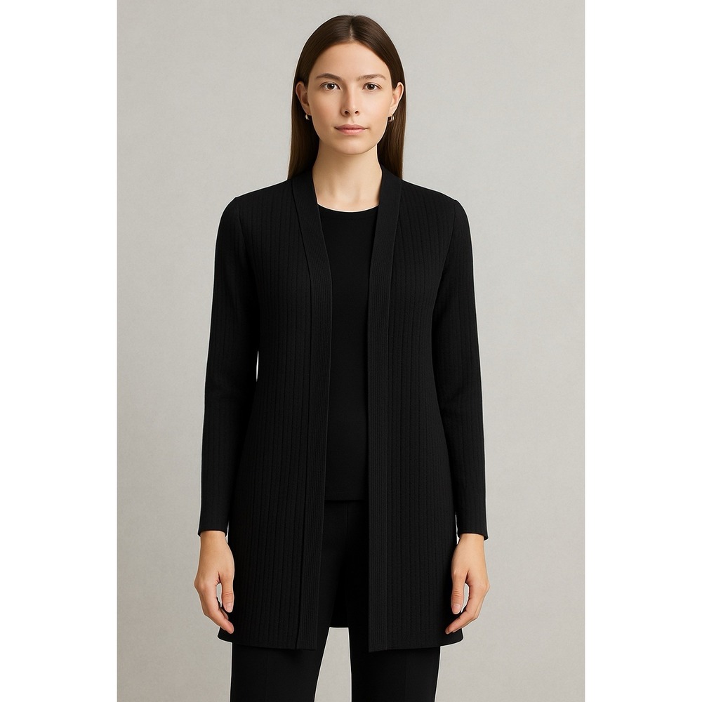 Misook Black Textured Knit Long Cardigan Jacket Women's Medium Korea Classic